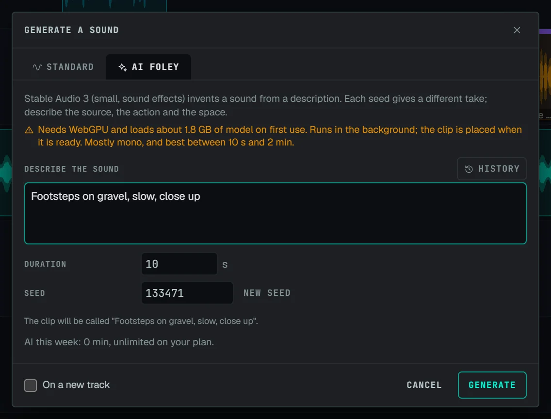 The Generate a sound dialog with a description typed in