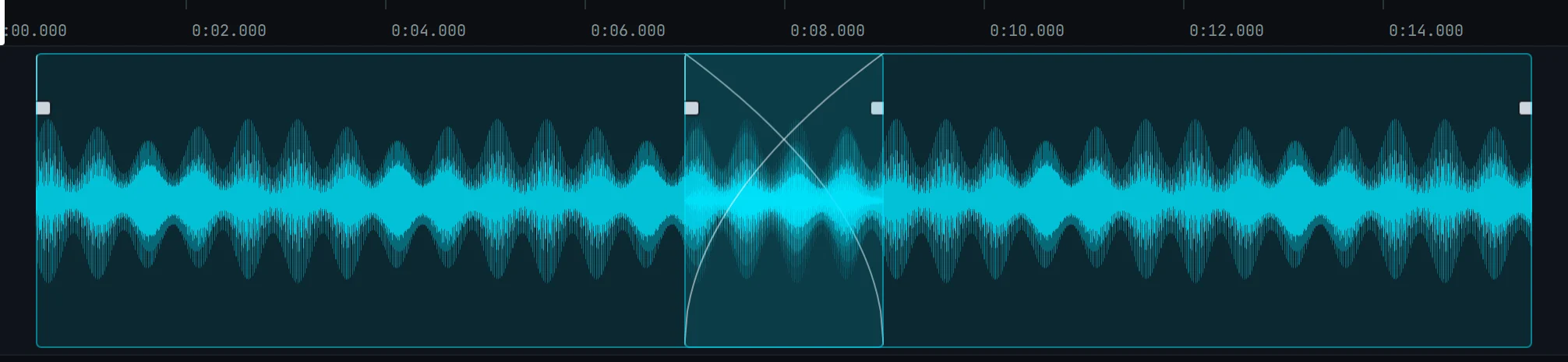 Two music clips overlapping on one track, with the crossfade curves the editor draws over the overlap