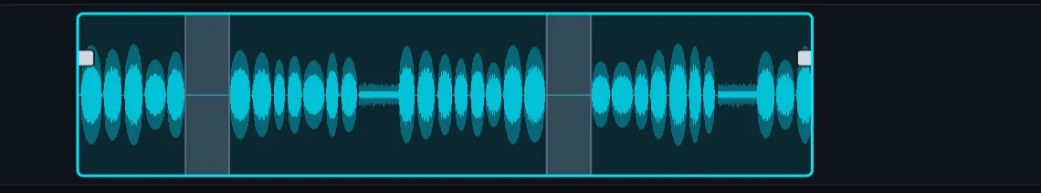 A narration clip selected in gaps mode, its pauses shaded