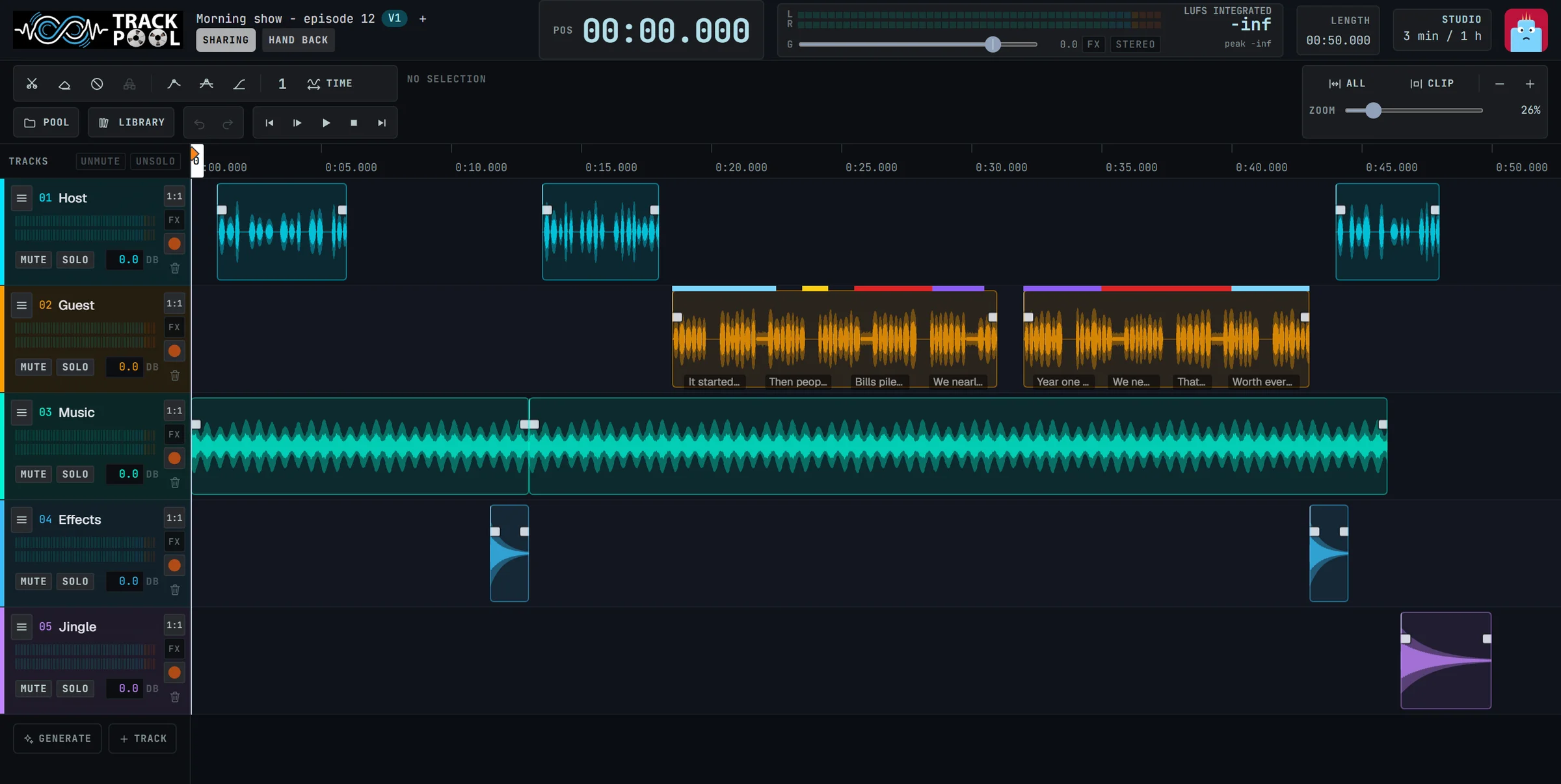 A project shared live: the editor with five tracks and the Sharing badge next to the project name