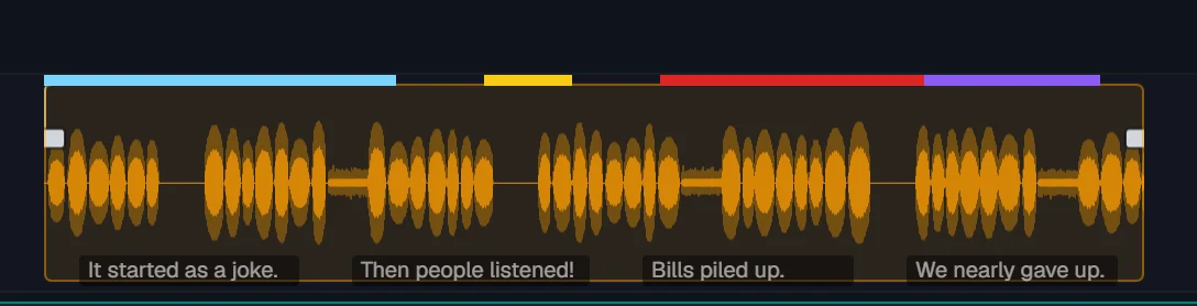 A voice clip in the editor with its mood strip along the top -- calm, upbeat, tense, subdued -- and the subtitles along the bottom