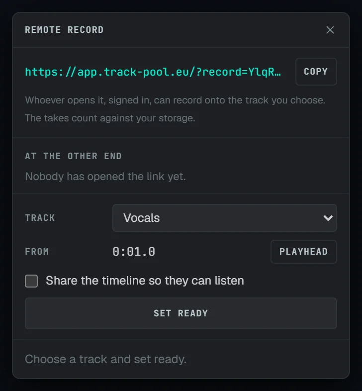 The Remote record panel with its link, the track and the starting point