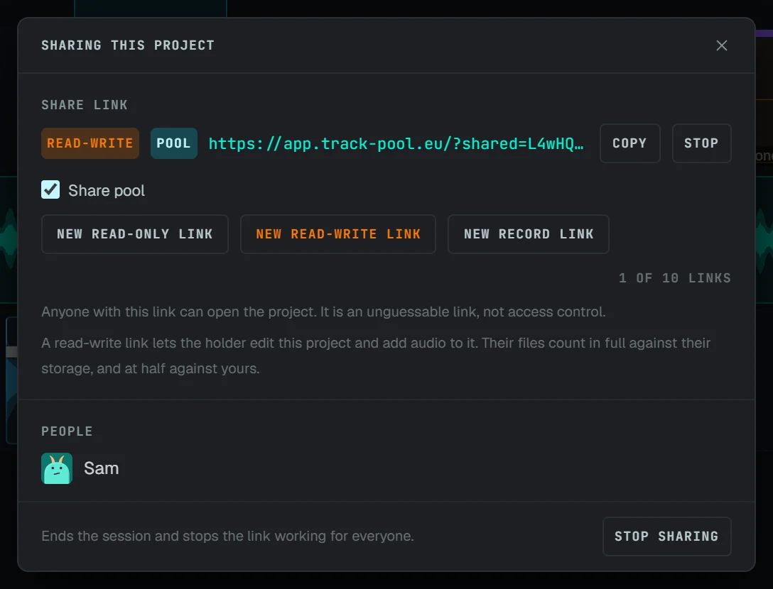 The sharing panel: a read-write link, and the guest who joined listed under People