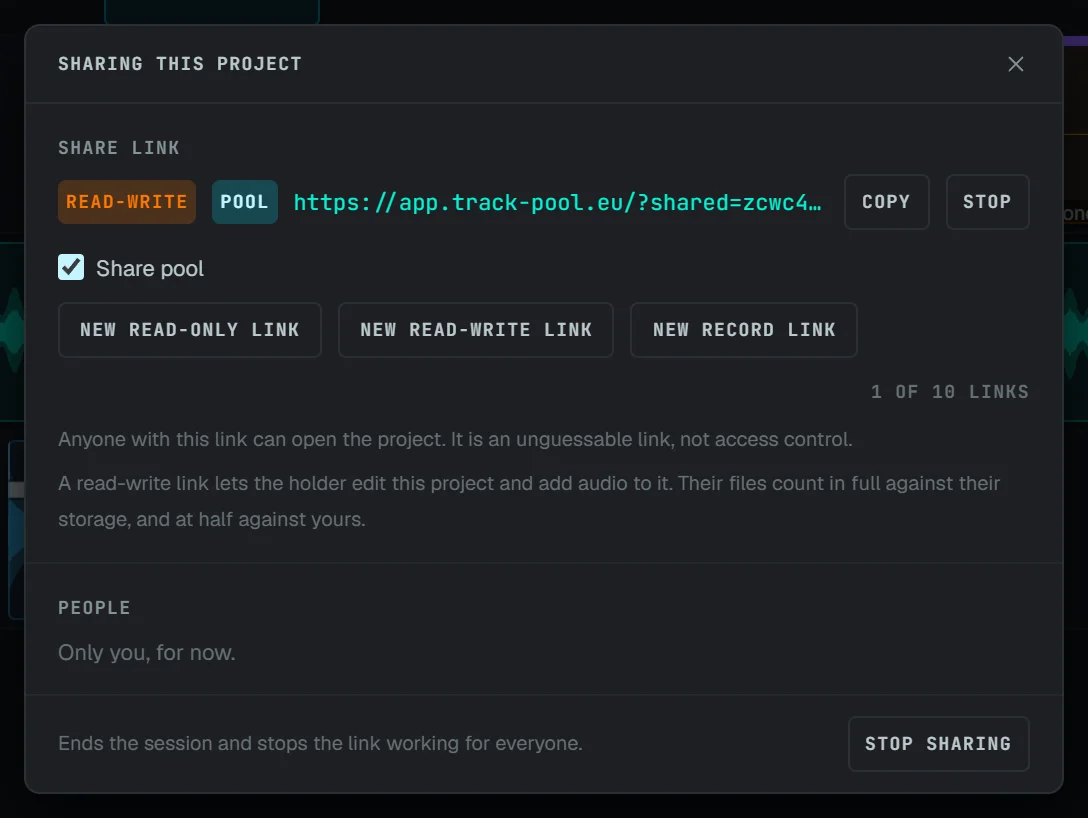 The sharing panel with a read-write link